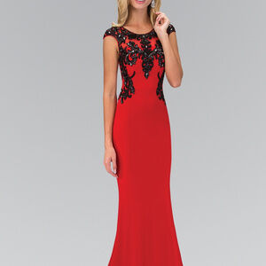 NEW RED - Lace Embellished Cap Sleeve Long Dress GL1380